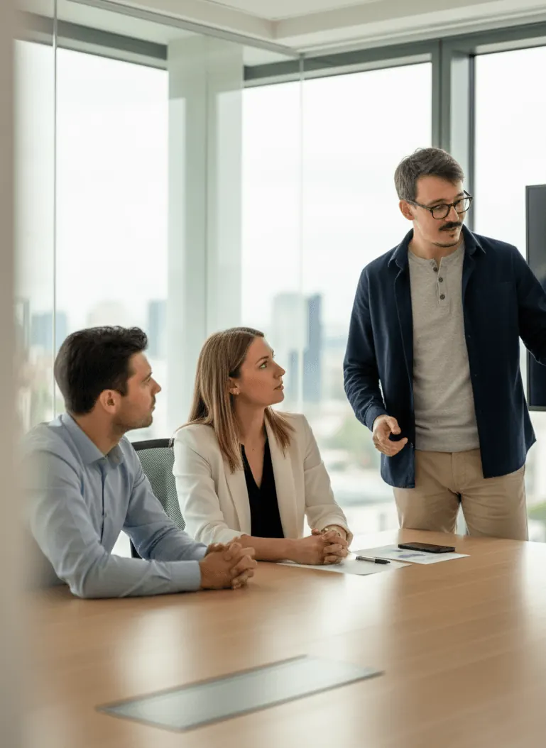 Lennart Weber im Finance-Workshop mit einem Kundenteam